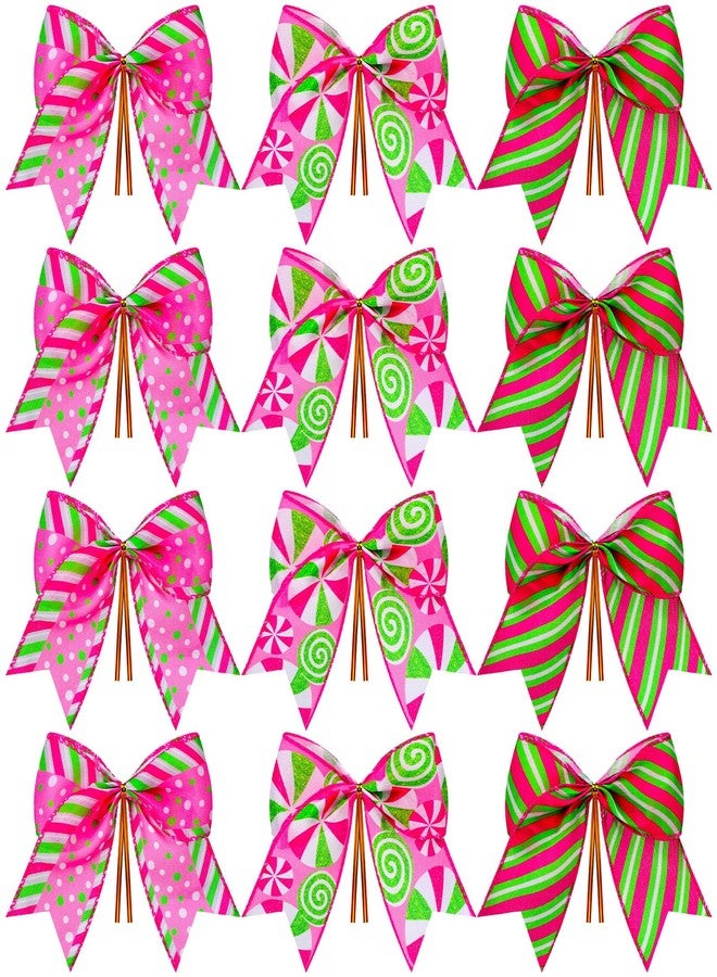Knitgrip 12 Pcs Christmas Pink Green Bows Decoration 6 Inch Large Christmas Candy Peppermint Bowknots Gift Wrapping Ribbon Garland for Xmas Tree Wreaths Holiday Crafts Party Accessories - Image 1